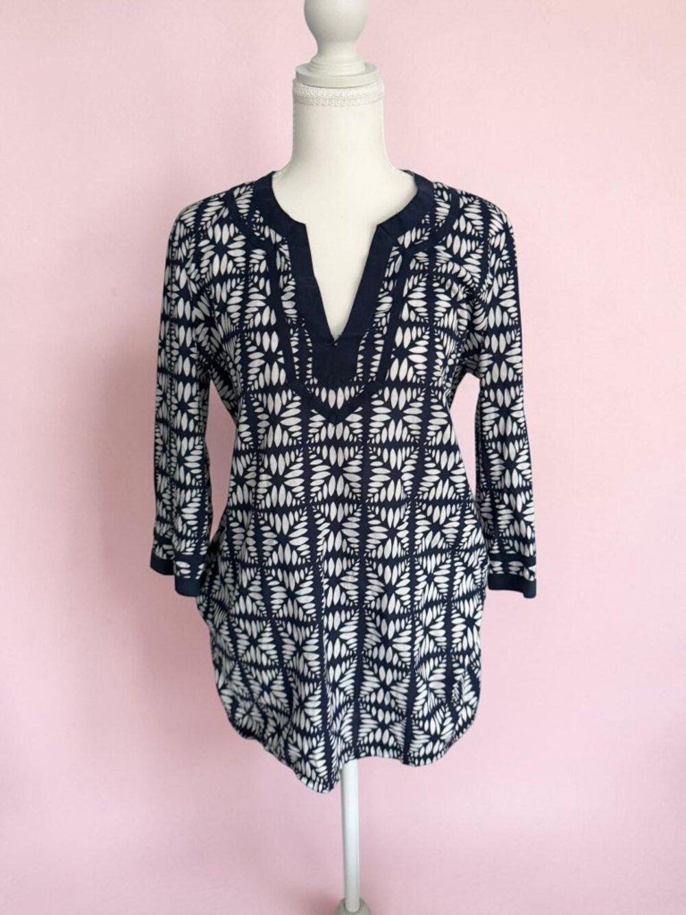 J CREW Navy White Cotton Blend Tunic Top Size Small
